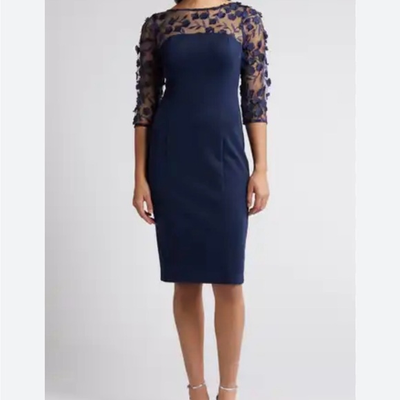 3/4 Sleeve Floral Embellished Illusion Boat Neck Scuba Sheath Dress - Picture 3 of 4